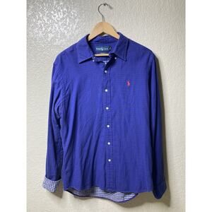 Ralph Lauren Shirt Mens Large Slim Fit Purple Checkered Cuff Long Sleeve Preppy